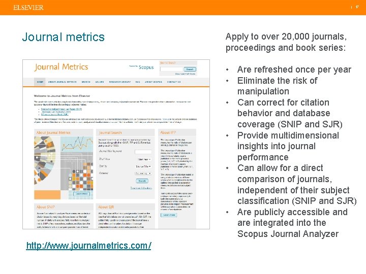 | 17 Journal metrics Apply to over 20, 000 journals, proceedings and book series: