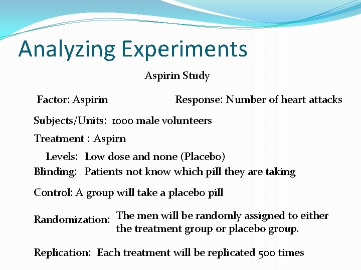 Analyzing Experiments Aspirin Study Factor: Aspirin Response: Number of heart attacks Subjects/Units: 1000 male