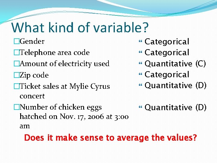 What kind of variable? �Gender �Telephone area code �Amount of electricity used �Zip code