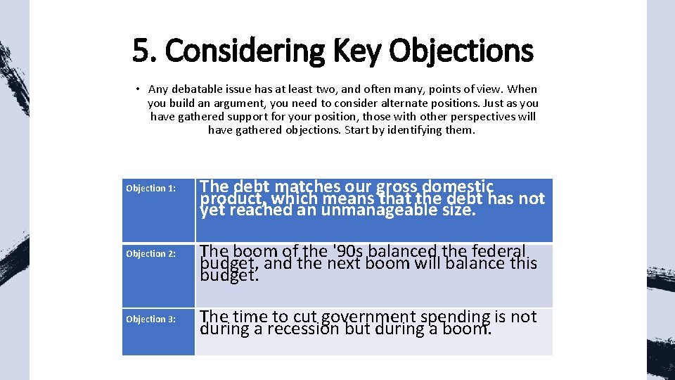 5. Considering Key Objections • Any debatable issue has at least two, and often