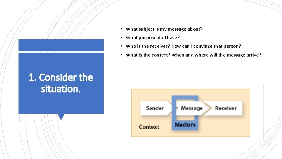  • What subject is my message about? • What purpose do I have?