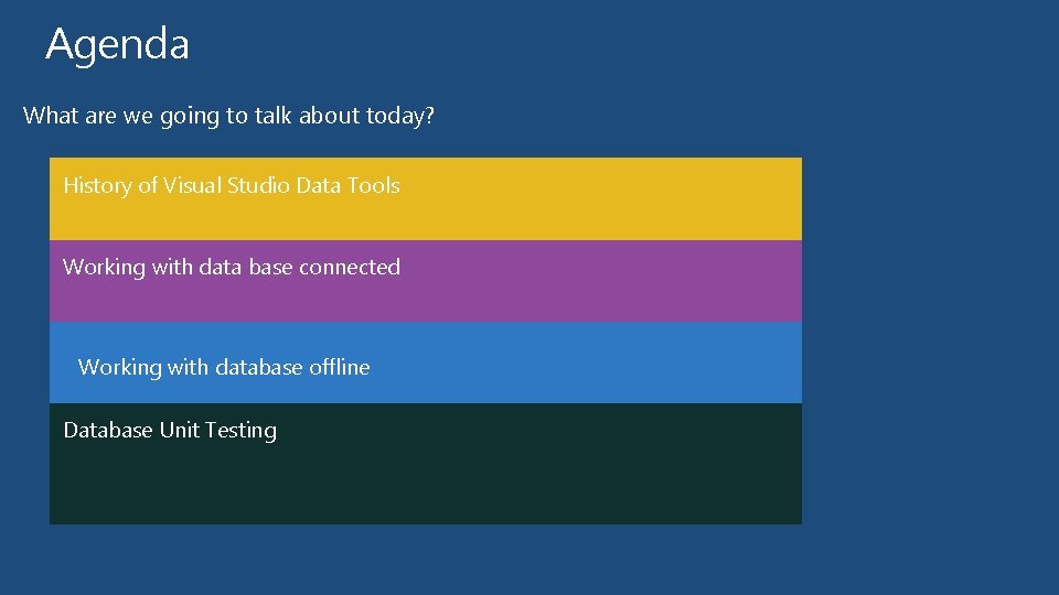 Agenda What are we going to talk about today? History of Visual Studio Data Agenda What are we going to talk about today? History of Visual Studio Data