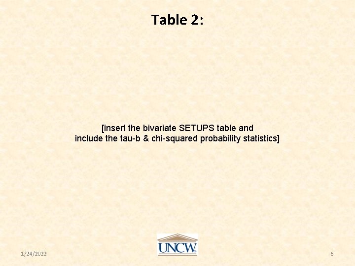 Table 2: [insert the bivariate SETUPS table and include the tau-b & chi-squared probability