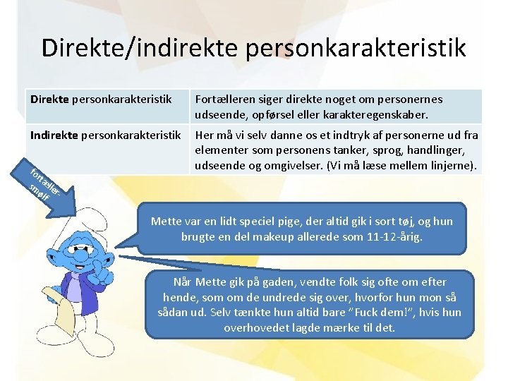 Direkte/indirekte personkarakteristik Direkte personkarakteristik Fortælleren siger direkte noget om personernes udseende, opførsel eller karakteregenskaber.