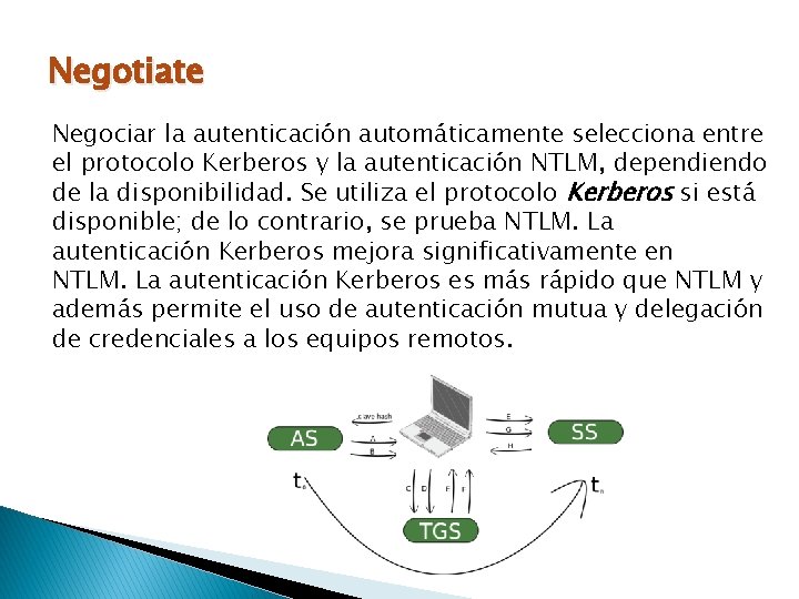 Negotiate Negociar la autenticación automáticamente selecciona entre el protocolo Kerberos y la autenticación NTLM,