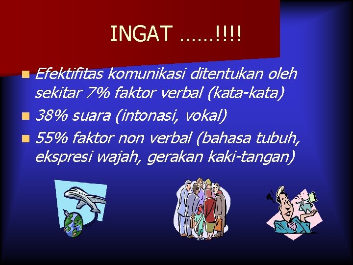 INGAT ……!!!! n Efektifitas komunikasi ditentukan oleh sekitar 7% faktor verbal (kata-kata) n 38%