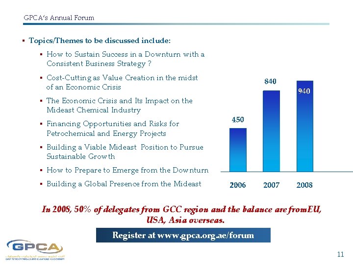 GPCA‘s Annual Forum § Topics/Themes to be discussed include: § How to Sustain Success