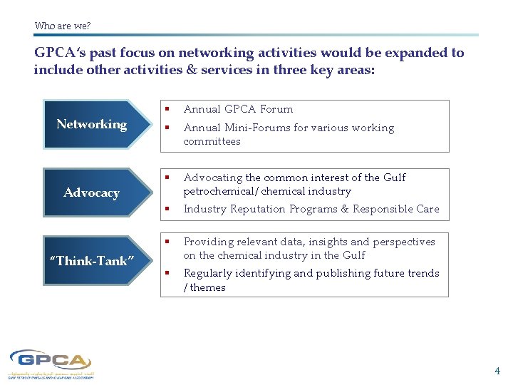 Who are we? GPCA‘s past focus on networking activities would be expanded to include