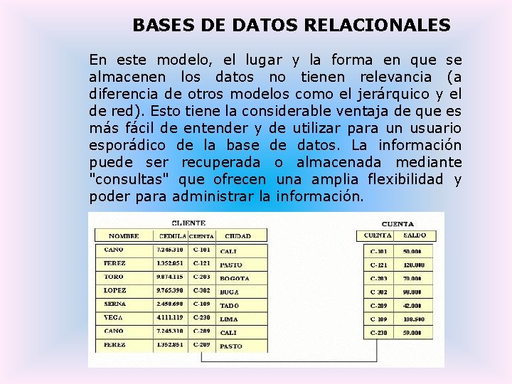 BASES DE DATOS RELACIONALES En este modelo, el lugar y la forma en que