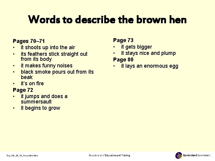 Words to describe the brown hen Pages 70– 71 • it shoots up into