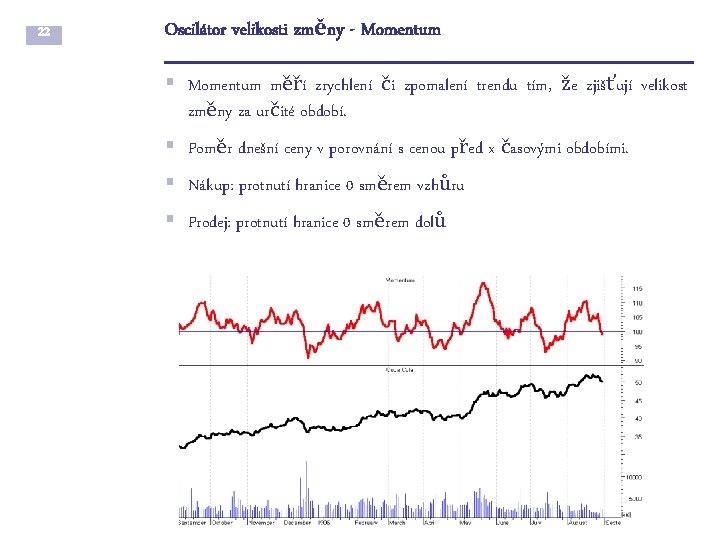 22 Oscilátor velikosti změny - Momentum § Momentum měří zrychlení či zpomalení trendu tím,