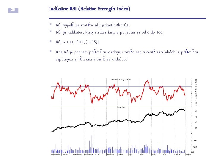 23 Indikátor RSI (Relative Strength Index) § RSI vyjadřuje vnitřní sílu jednotlivého CP. §