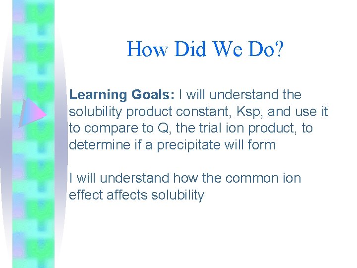 How Did We Do? Learning Goals: I will understand the solubility product constant, Ksp,