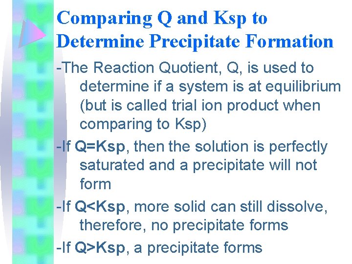 Comparing Q and Ksp to Determine Precipitate Formation -The Reaction Quotient, Q, is used
