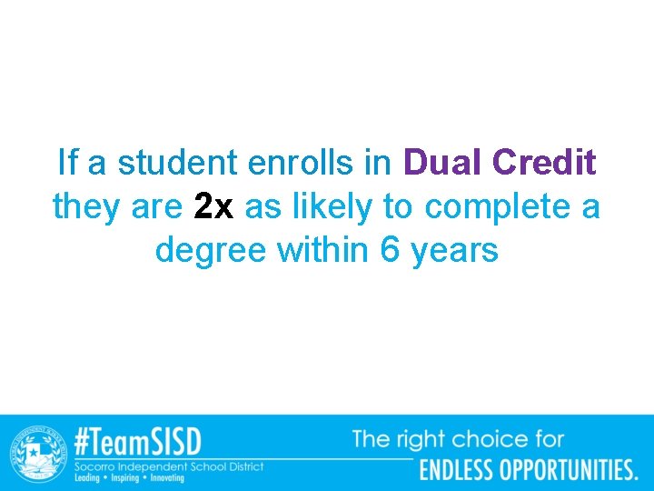 If a student enrolls in Dual Credit they are 2 x as likely to