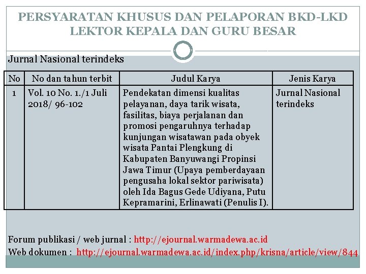 PERSYARATAN KHUSUS DAN PELAPORAN BKD-LKD LEKTOR KEPALA DAN GURU BESAR Jurnal Nasional terindeks No
