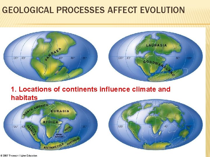 GEOLOGICAL PROCESSES AFFECT EVOLUTION 1. Locations of continents influence climate and habitats 