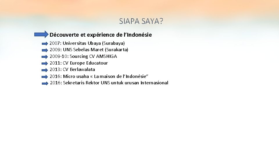 SIAPA SAYA? Découverte et expérience de l’Indonésie 2007: Universitas Ubaya (Surabaya) 2009: UNS Sebelas