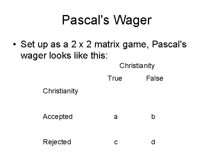 Pascal's Wager • Set up as a 2 x 2 matrix game, Pascal's wager