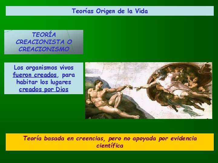 Teorías Origen de la Vida TEORÍA CREACIONISTA O CREACIONISMO Los organismos vivos fueron creados,