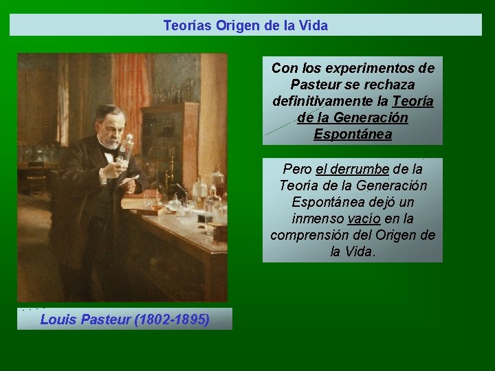 Teorías Origen de la Vida Con los experimentos de Pasteur se rechaza definitivamente la