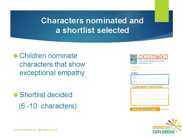 Characters nominated and a shortlist selected Children nominate characters that show exceptional empathy Shortlist