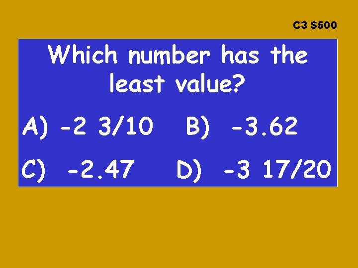 C 3 $500 Which number has the least value? A) -2 3/10 C) -2.