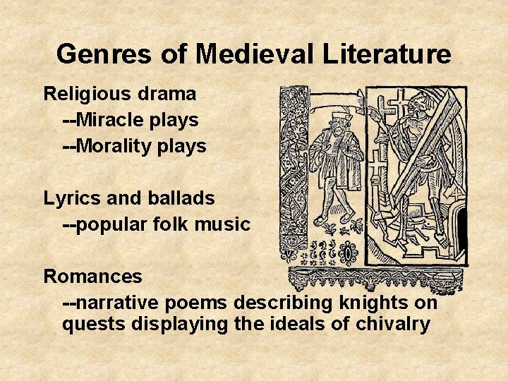 Genres of Medieval Literature Religious drama --Miracle plays --Morality plays Lyrics and ballads --popular