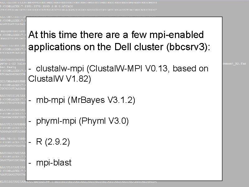 At this time there a few mpi-enabled applications on the Dell cluster (bbcsrv 3):