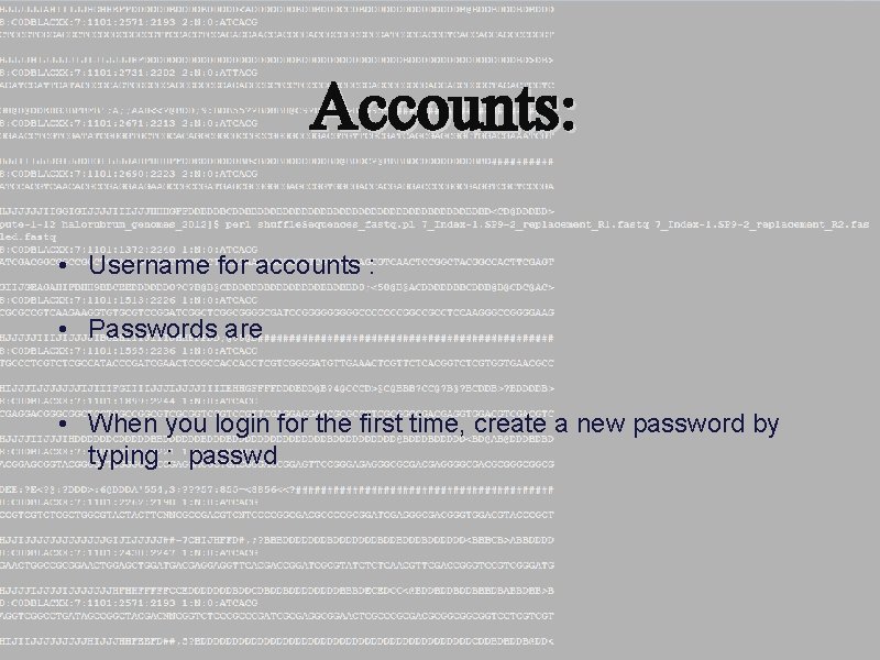 Accounts: • Username for accounts : • Passwords are • When you login for