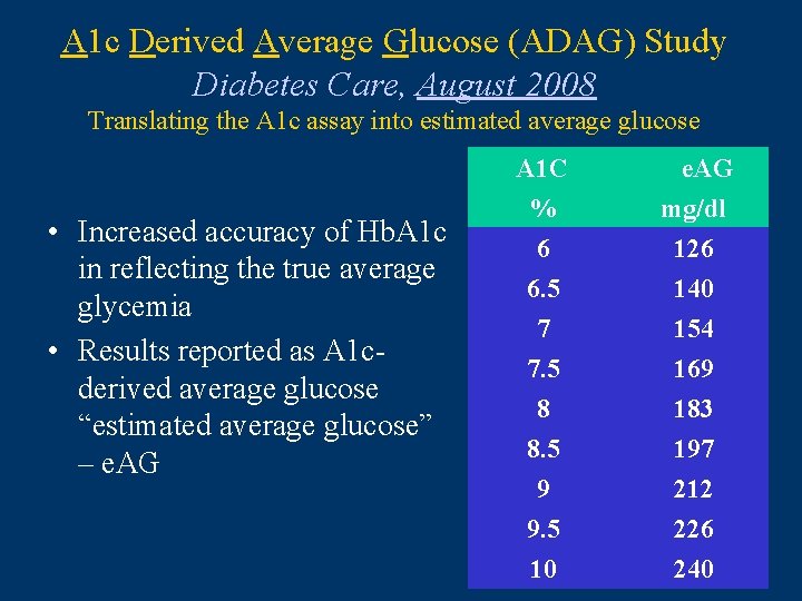 A 1 c Derived Average Glucose (ADAG) Study Diabetes Care, August 2008 Translating the