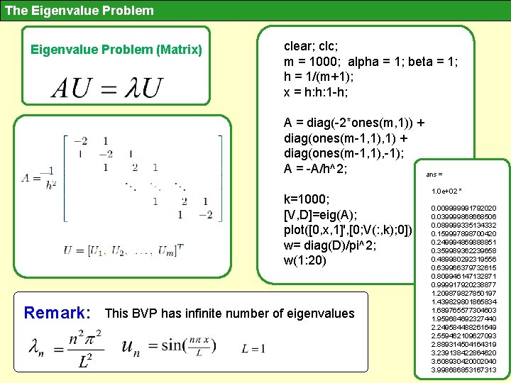 The Eigenvalue Problem (Matrix) clear; clc; m = 1000; alpha = 1; beta =