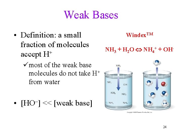 Weak Bases • Definition: a small fraction of molecules accept H+ Windex. TM NH