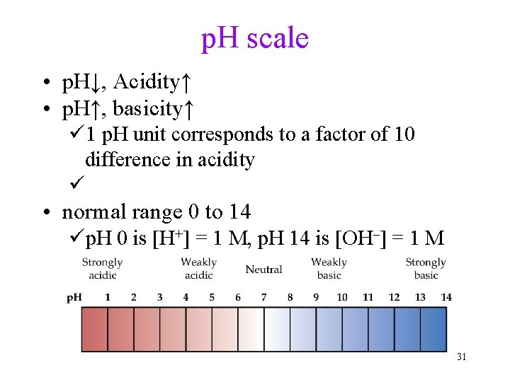 p. H scale • p. H↓, Acidity↑ • p. H↑, basicity↑ ü 1 p.