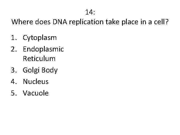 14: Where does DNA replication take place in a cell? 1. Cytoplasm 2. Endoplasmic