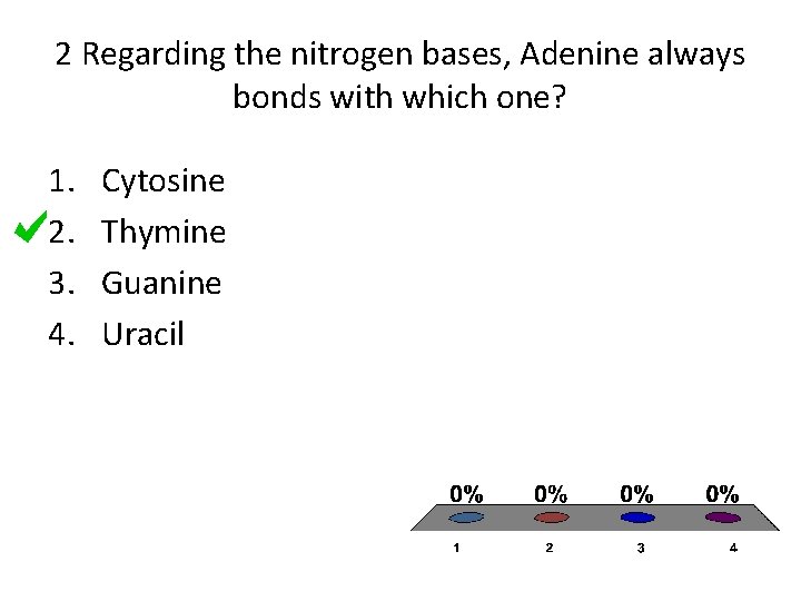 2 Regarding the nitrogen bases, Adenine always bonds with which one? 1. 2. 3.
