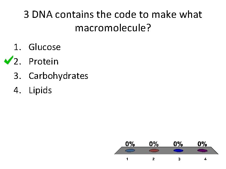 3 DNA contains the code to make what macromolecule? 1. 2. 3. 4. Glucose