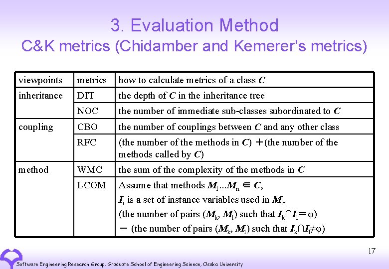 3. Evaluation Method C&K metrics (Chidamber and Kemerer’s metrics) viewpoints metrics how to calculate