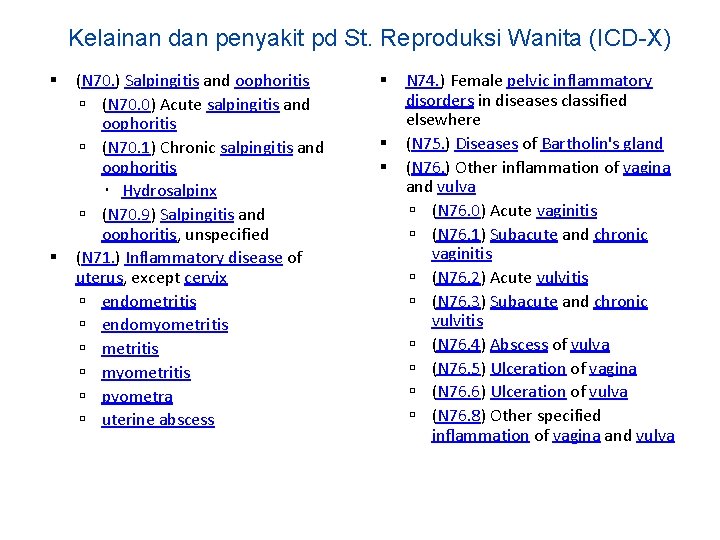 Kelainan dan penyakit pd St. Reproduksi Wanita (ICD-X) (N 70. ) Salpingitis and oophoritis