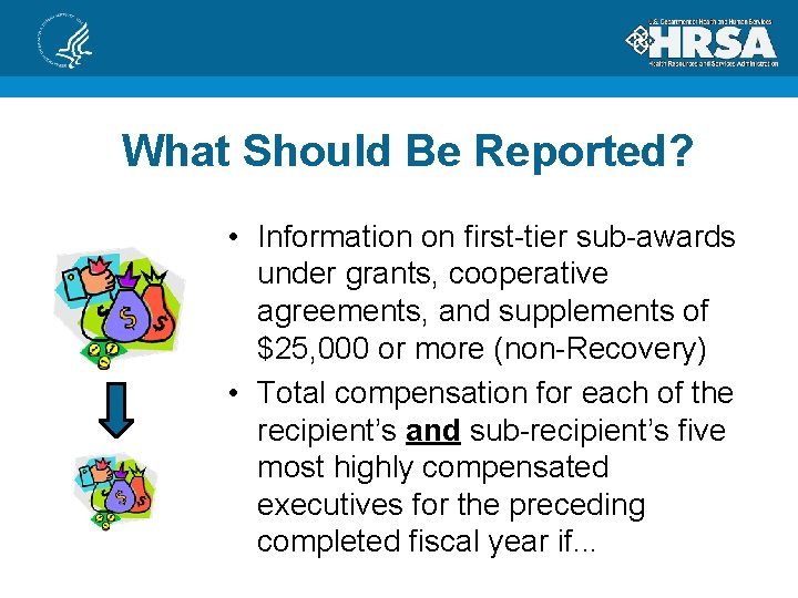 What Should Be Reported? • Information on first-tier sub-awards under grants, cooperative agreements, and