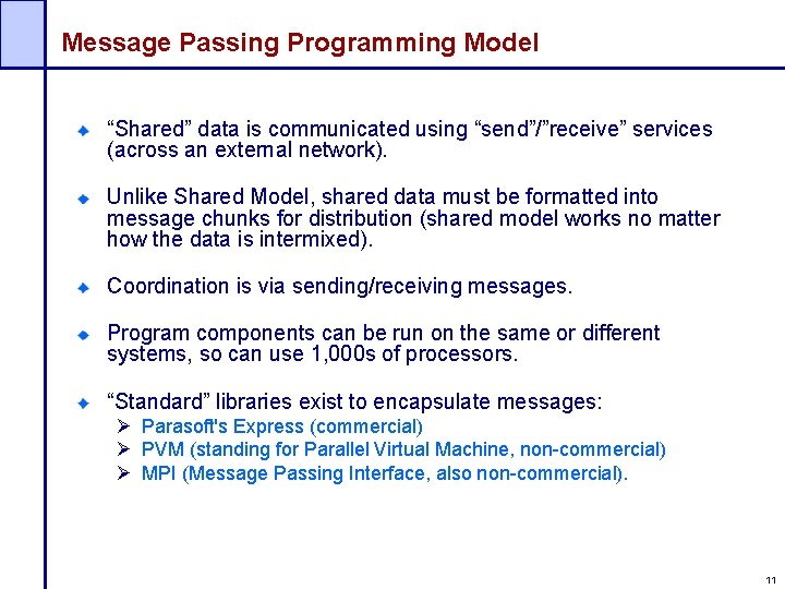 Message Passing Programming Model “Shared” data is communicated using “send”/”receive” services (across an external