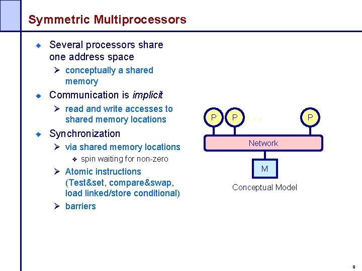 Symmetric Multiprocessors Several processors share one address space Ø conceptually a shared memory Communication