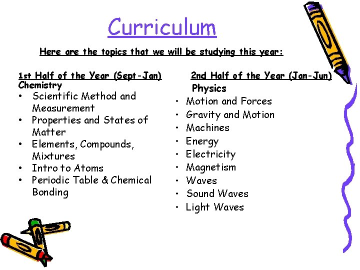 Curriculum Here are the topics that we will be studying this year: 1 st