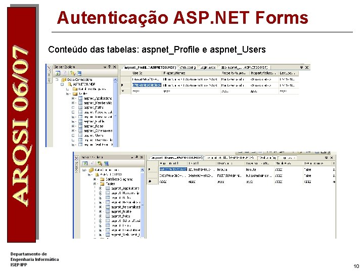 Autenticação ASP. NET Forms Conteúdo das tabelas: aspnet_Profile e aspnet_Users 10 