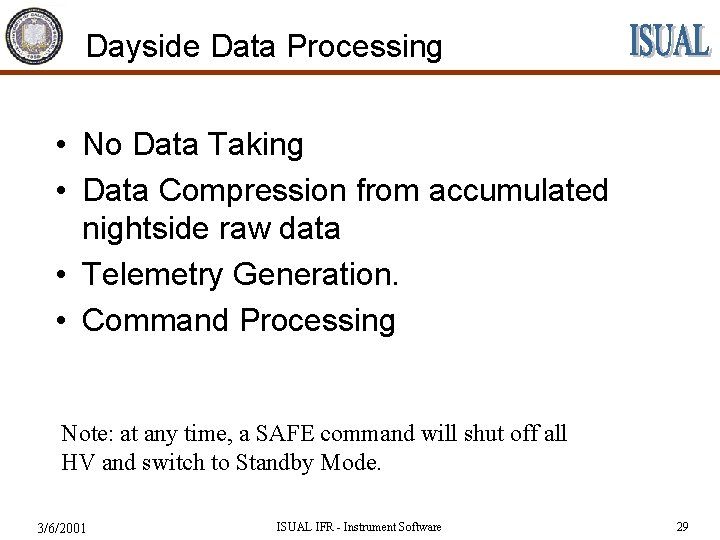 Dayside Data Processing • No Data Taking • Data Compression from accumulated nightside raw