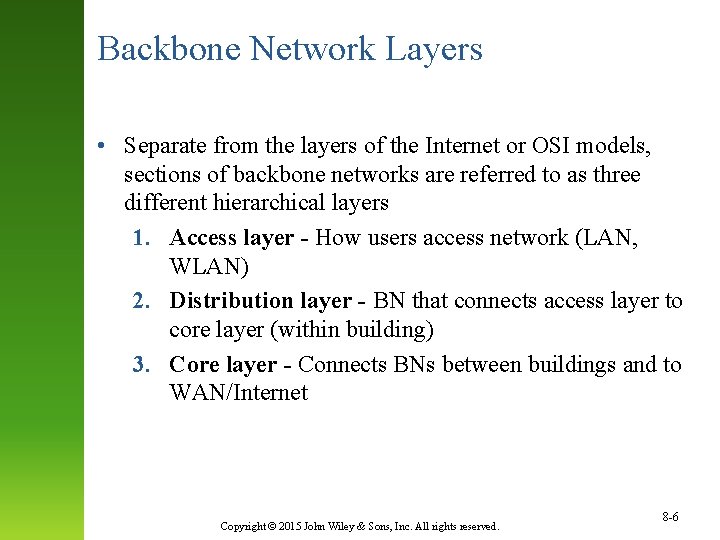 Backbone Network Layers • Separate from the layers of the Internet or OSI models,