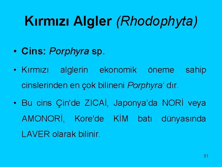 Kırmızı Algler (Rhodophyta) • Cins: Porphyra sp. • Kırmızı alglerin ekonomik öneme sahip cinslerinden