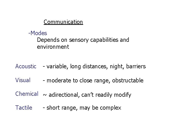 Communication -Modes Depends on sensory capabilities and environment Acoustic - variable, long distances, night,