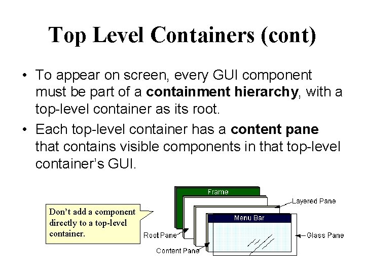 Top Level Containers (cont) • To appear on screen, every GUI component must be