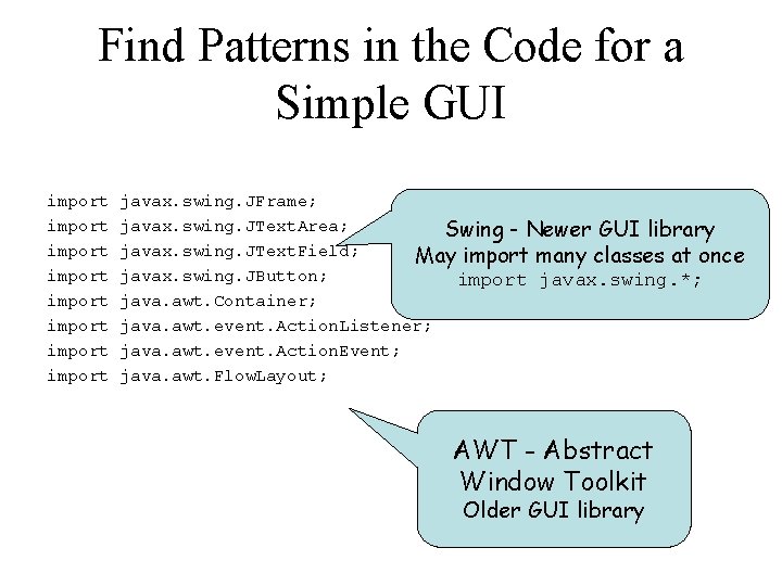 Find Patterns in the Code for a Simple GUI import import javax. swing. JFrame;